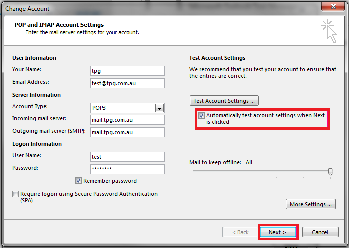 Outlook 2013 Auto Test Settings