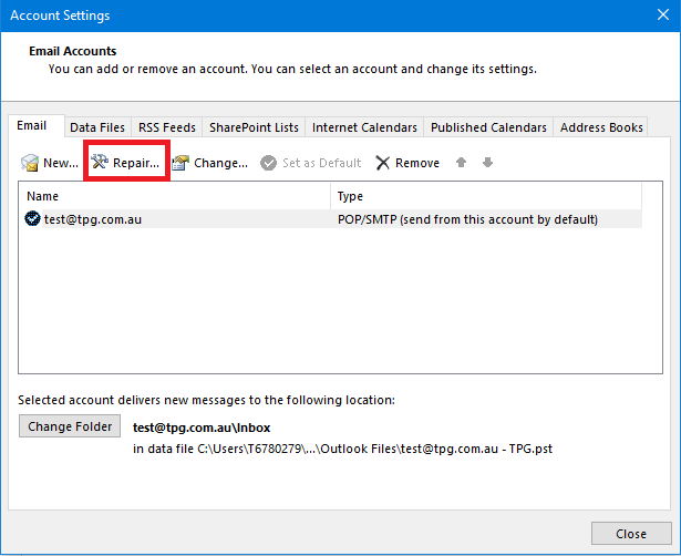 Outlook 365- Account Settings Repair