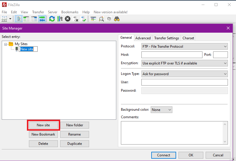 Filezilla - New Site