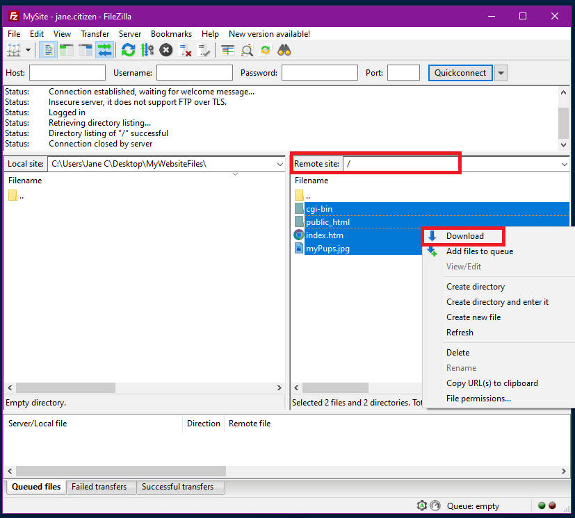 Filezilla - Remote Site