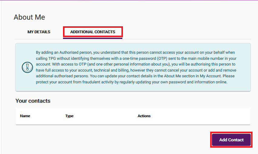 My Account - Add Additional Contact
