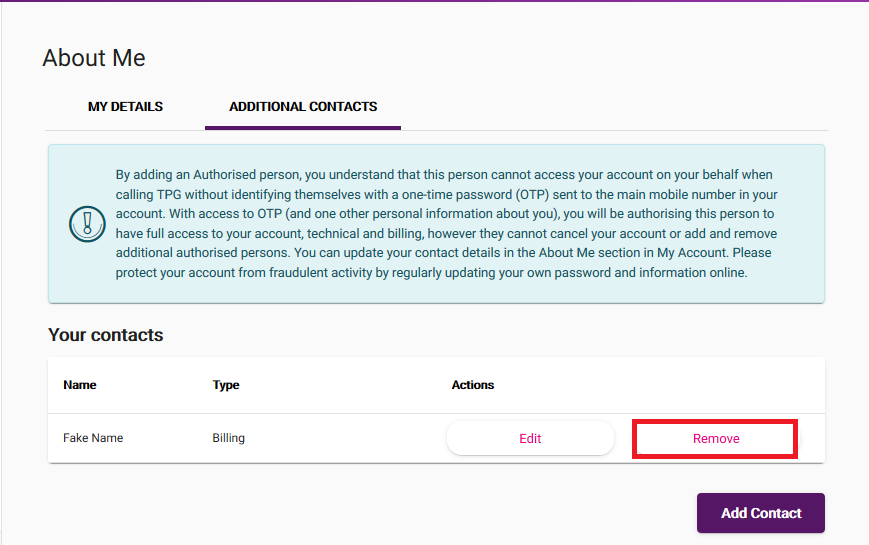 My Account - Delete Additional Contact