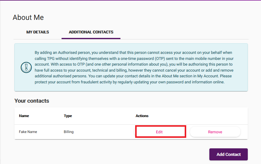 My Account - Edit Additional Contact