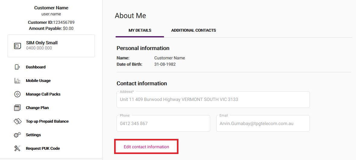 My Account - Update Contact
