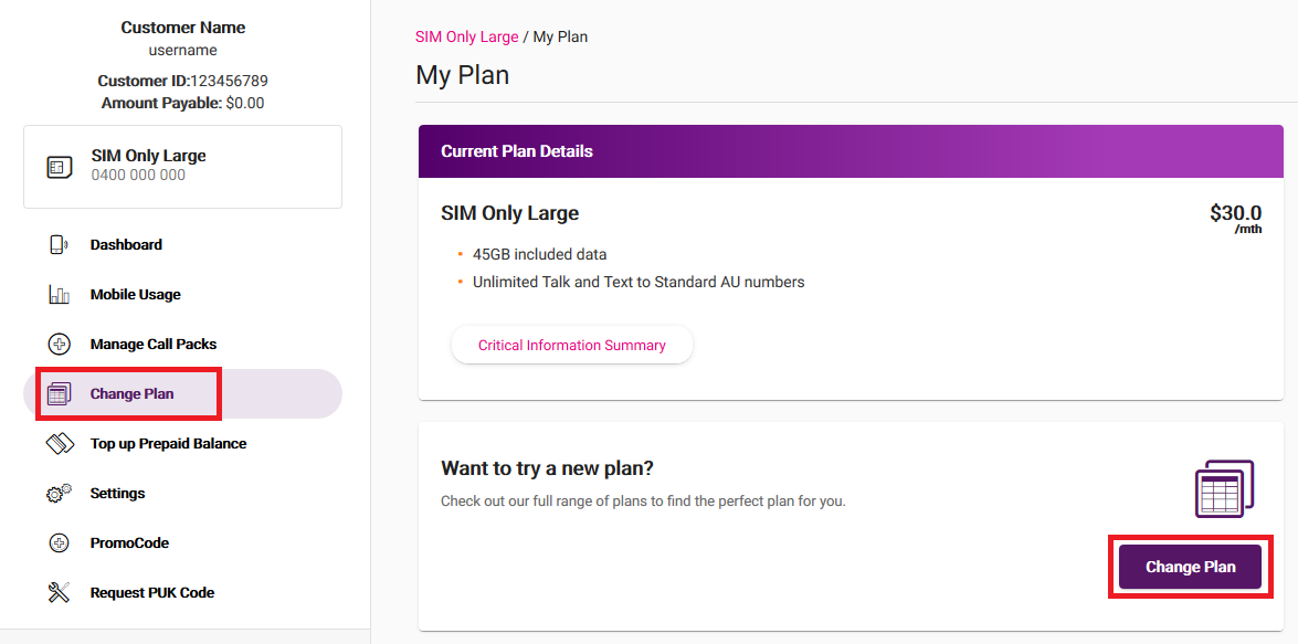 My Account Change Mobile Plan
