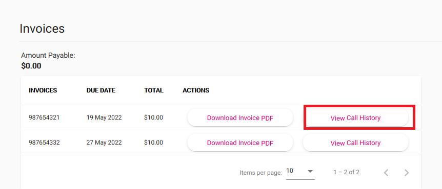 My Account Invoice View Call History