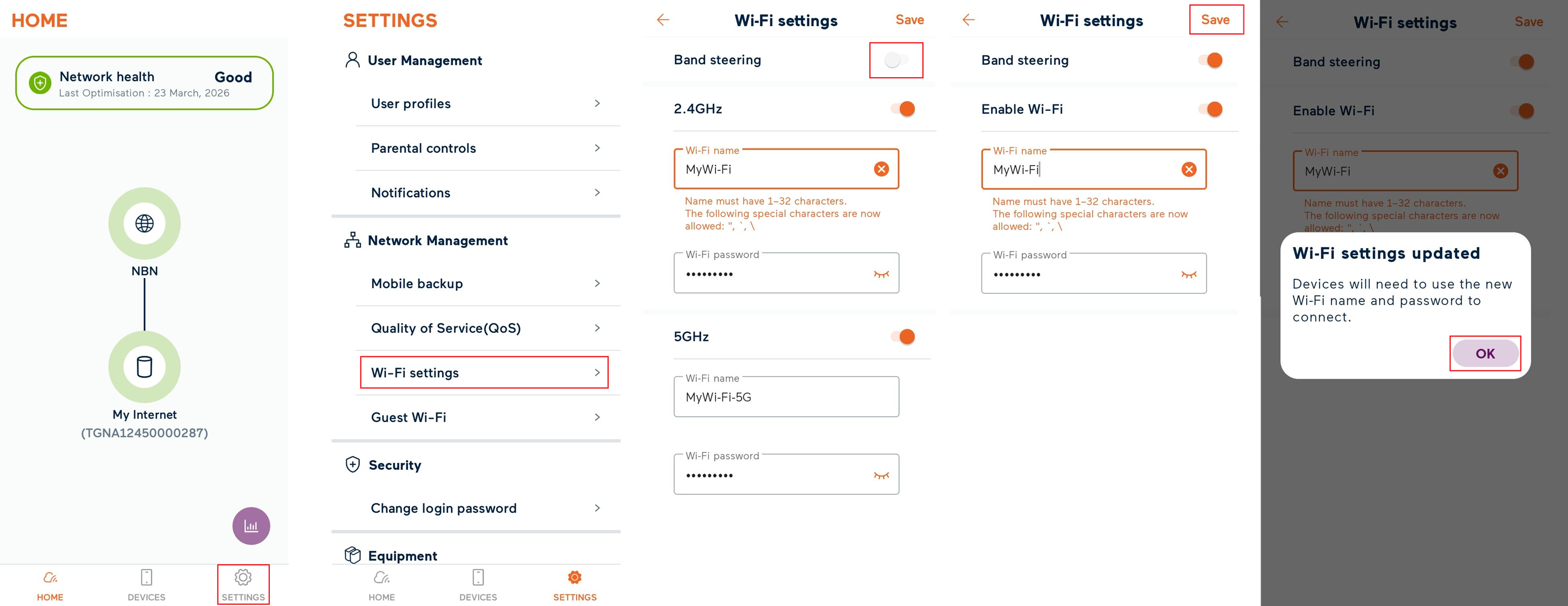 My Internet Connect app - Wi-Fi settings