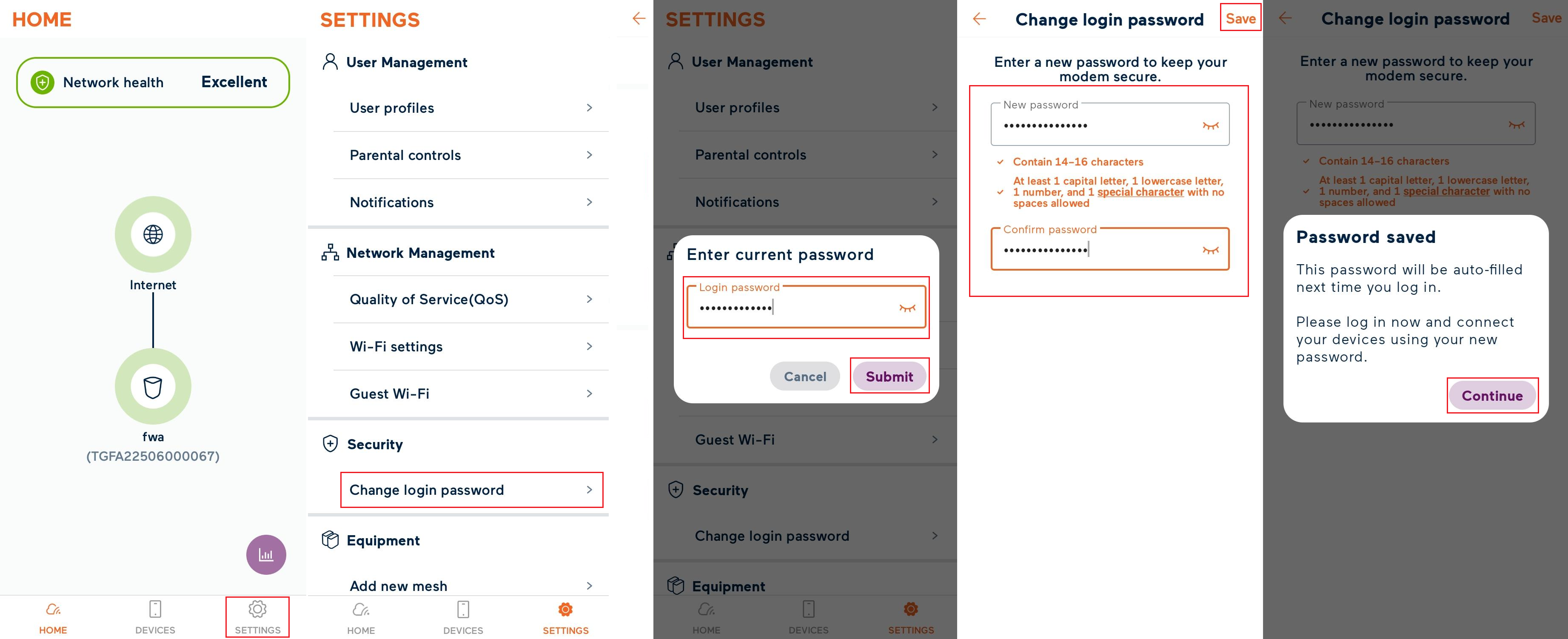 My Internet Connect app modem login password settings