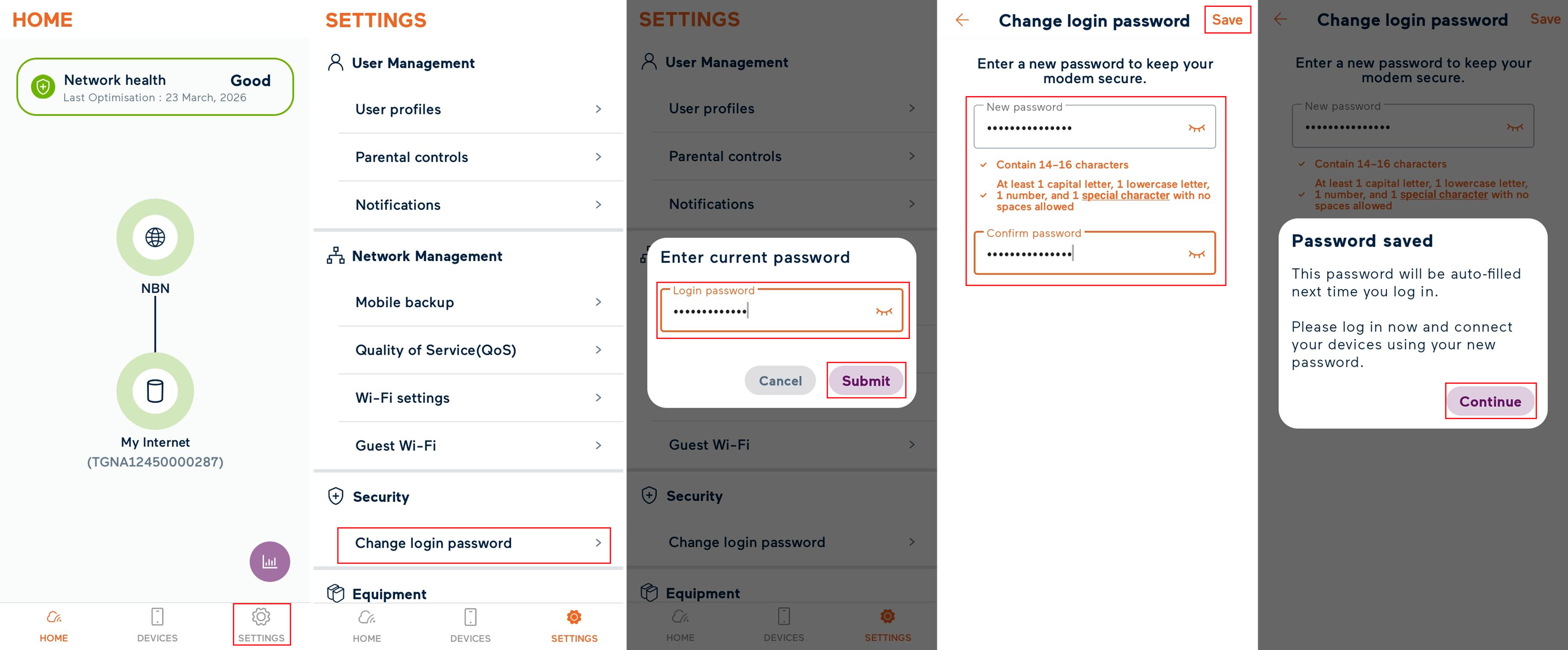 My Internet Connect app modem login password settings