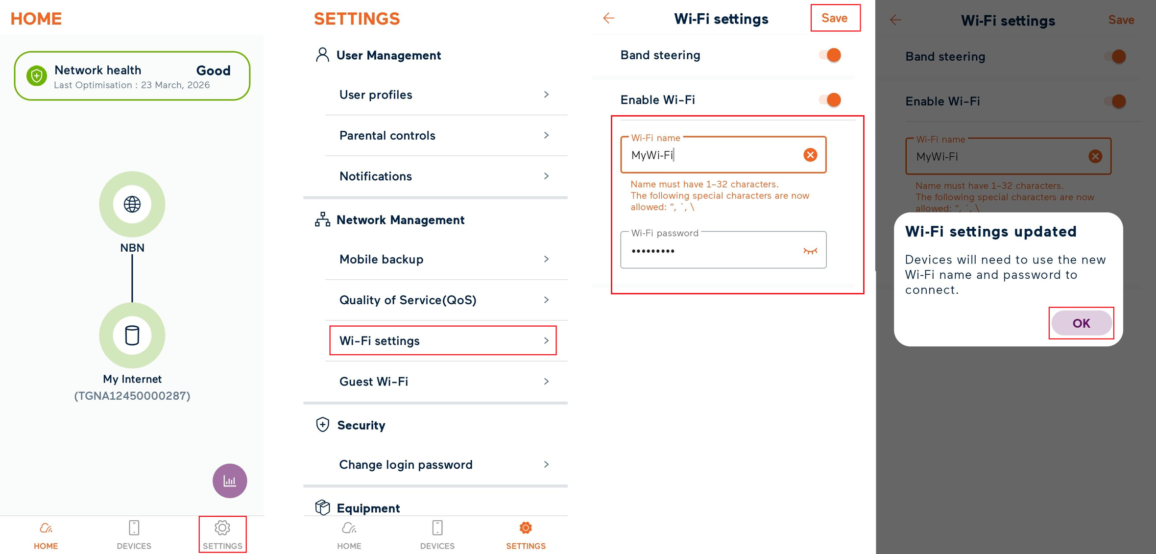 My Internet Connect app Wi-Fi password settings
