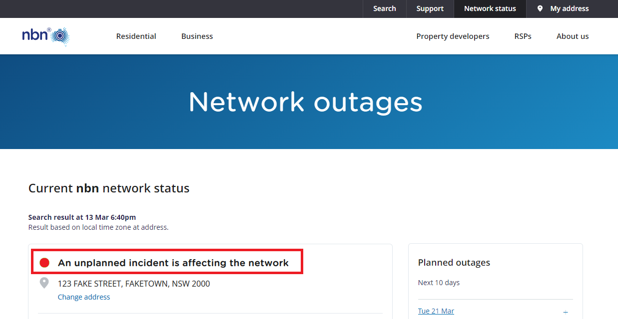 NBN Outage Results saying "An unplanned incident is affecting the network"