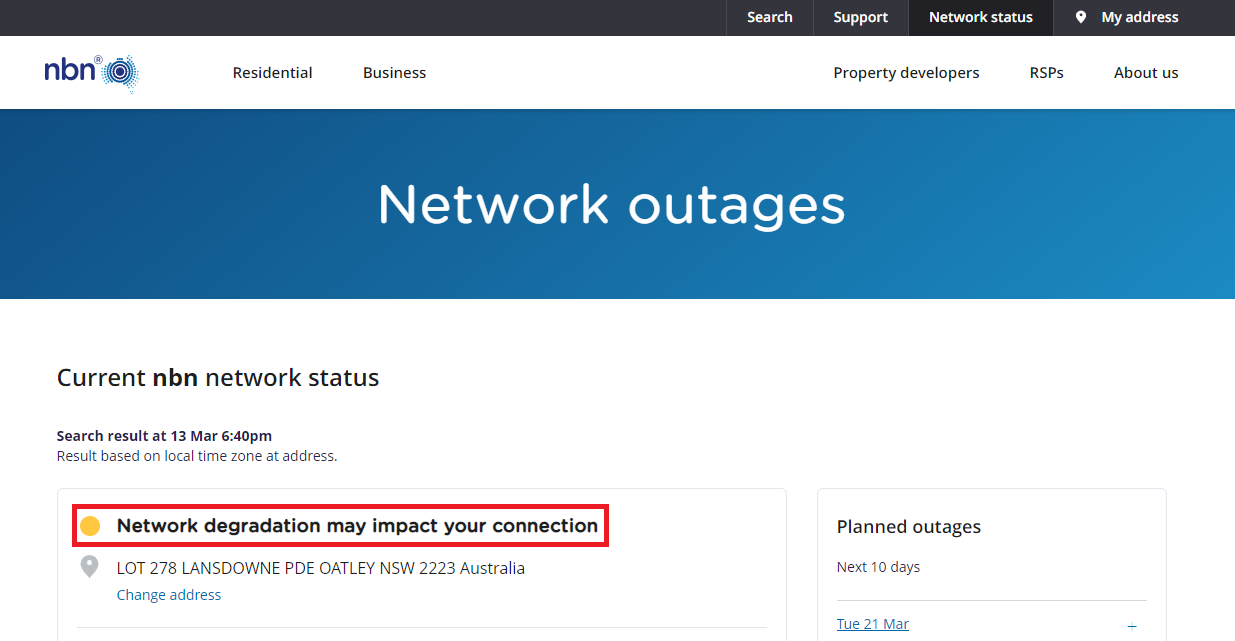 NBN Outage Results saying "Network degradation may impact your connection"