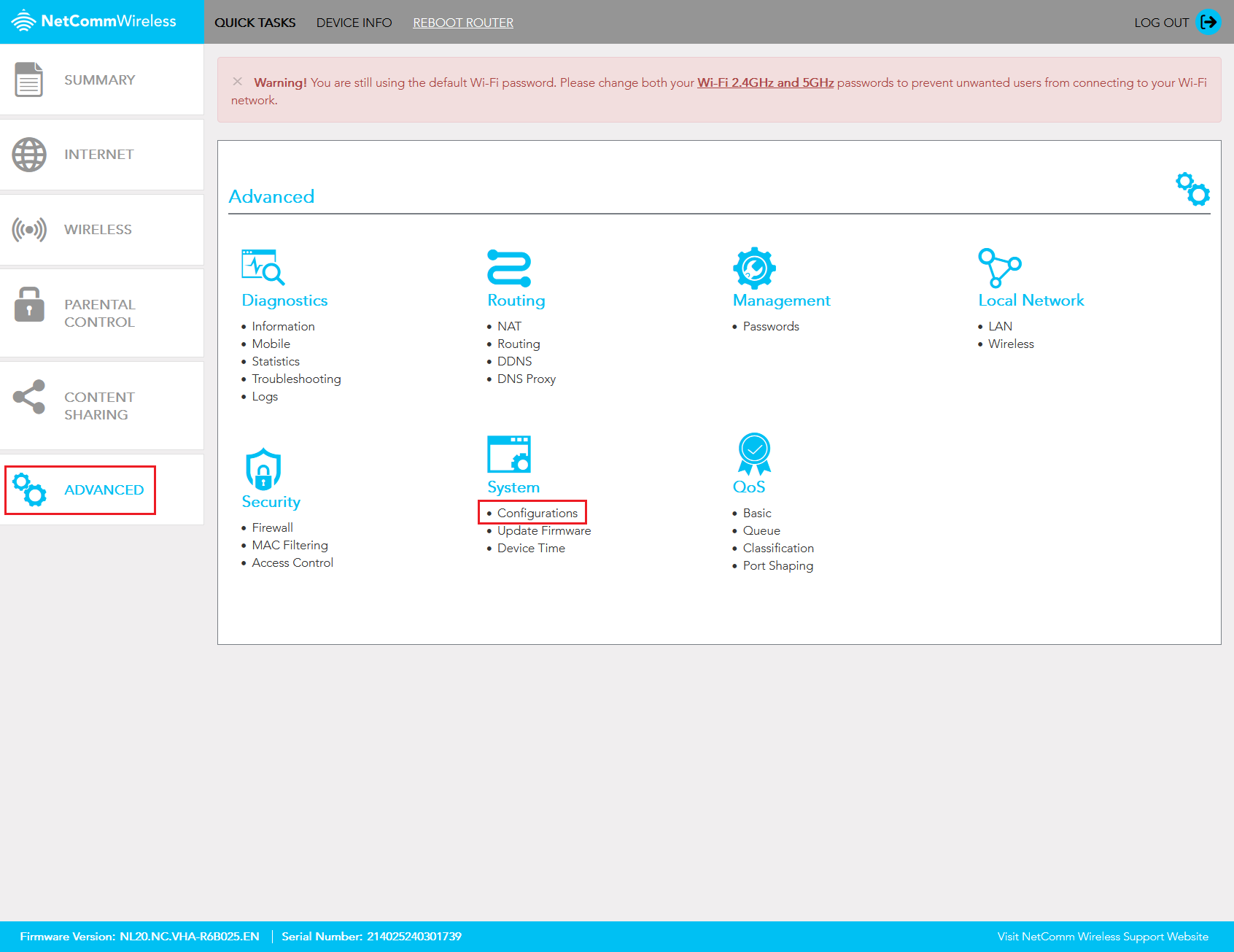Screenshot Netcomm NL20 Factory Reset Settings
