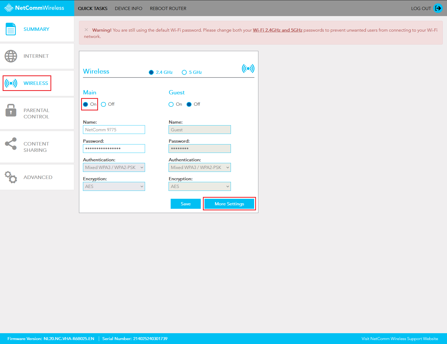 Screenshot Netcomm NL20 Wi-Fi Settings
