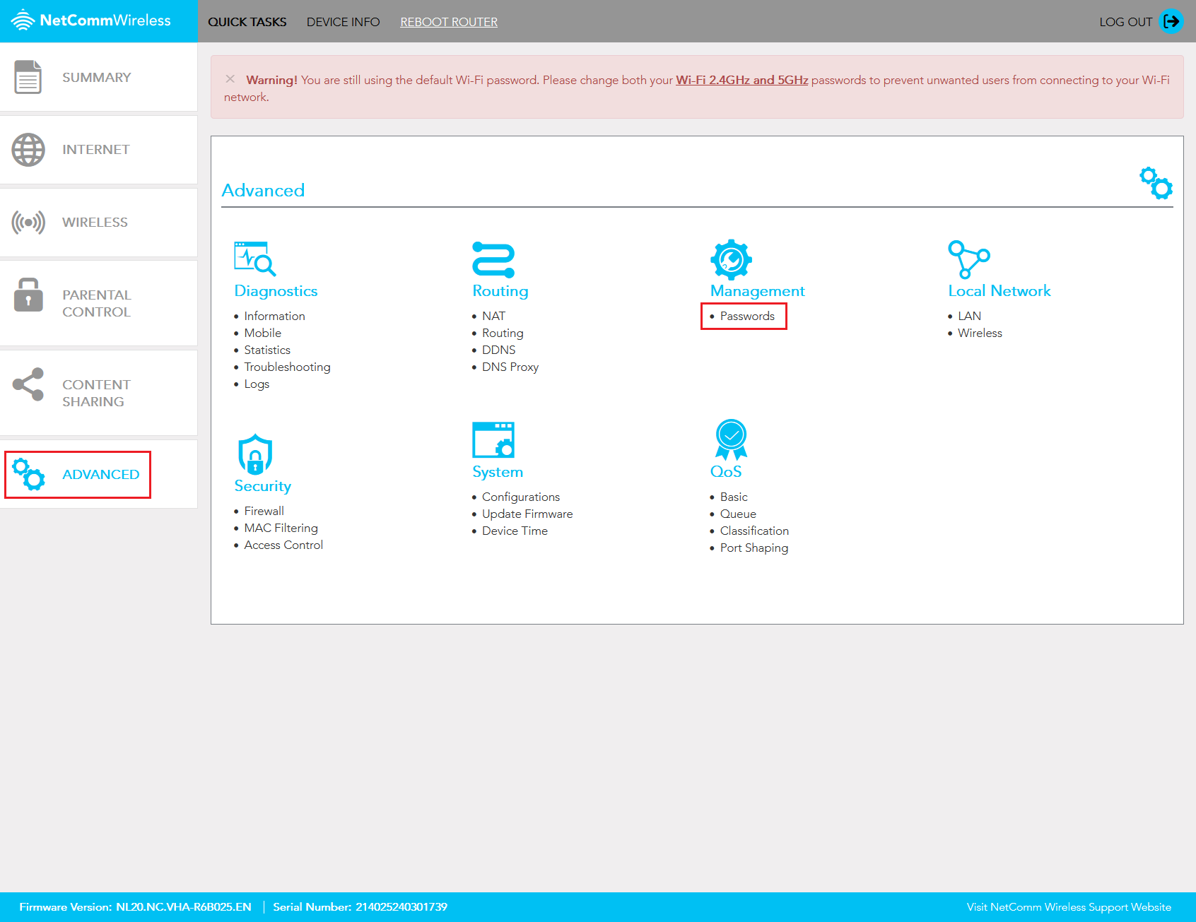 Screenshot Netcomm NL20 Modem Password Settings