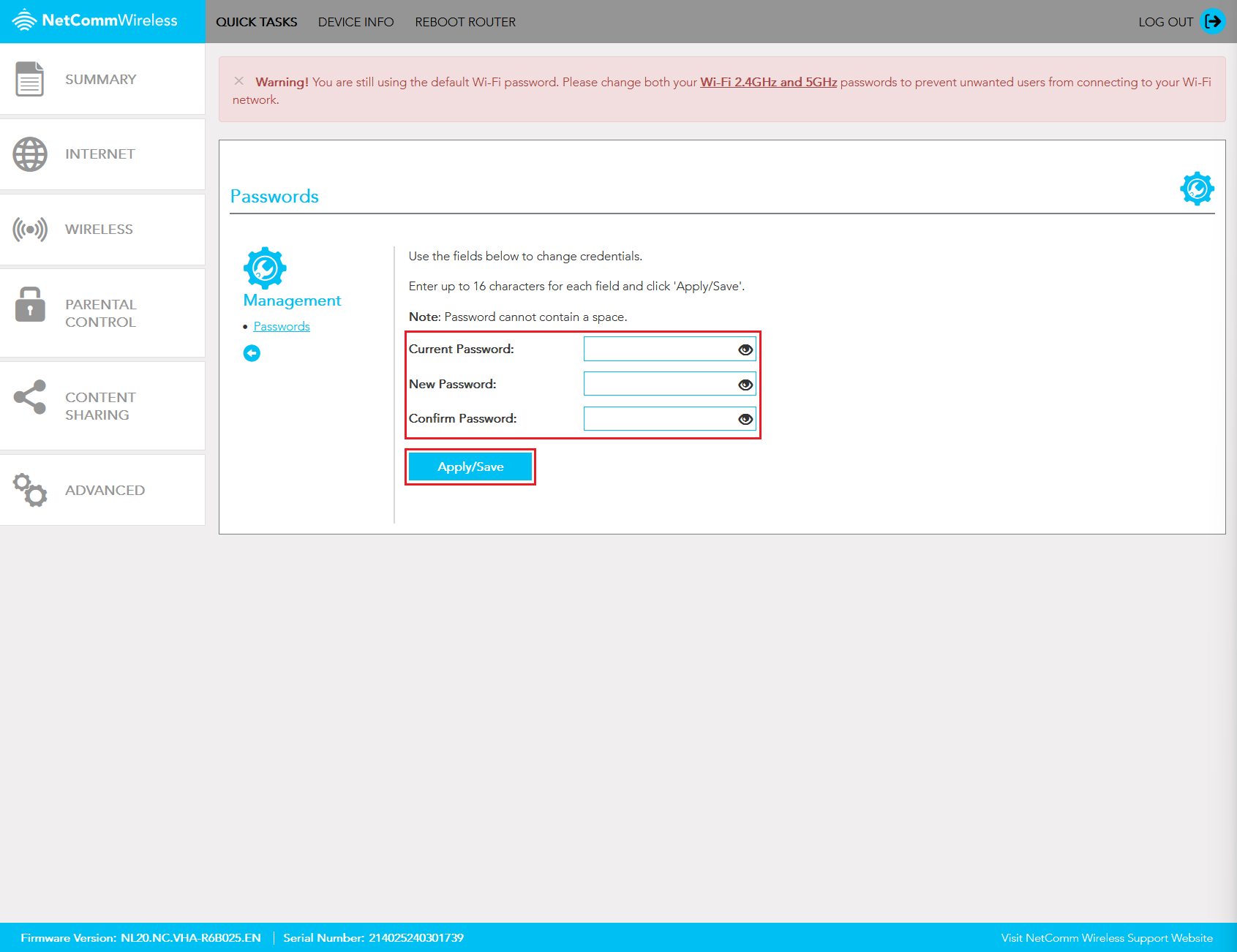 Screenshot Netcomm NL20 Modem Password Settings