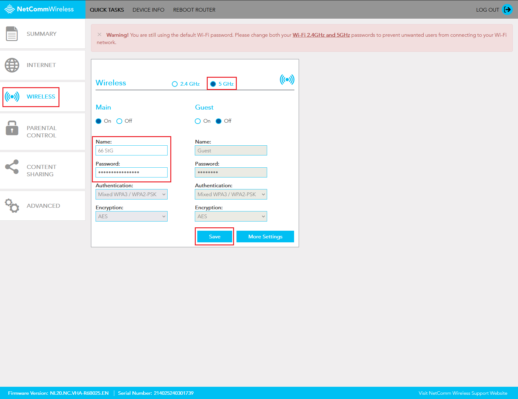 NetComm NL20 Wi-Fi Password Settings