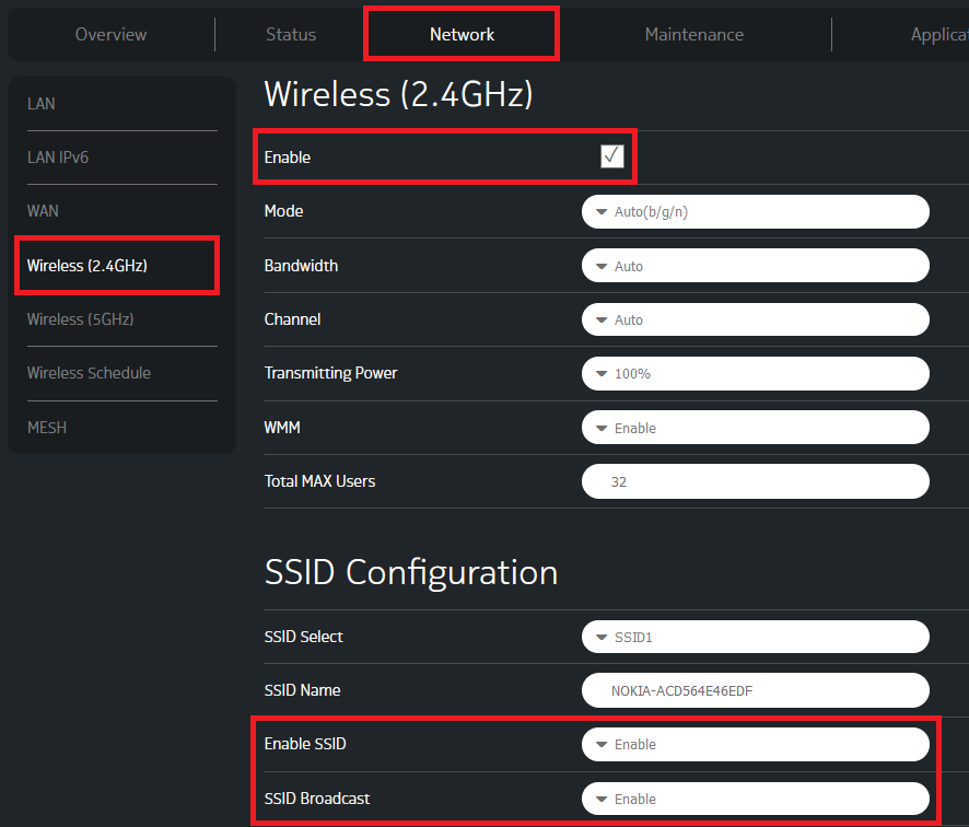 Nokia 5G Modem GUI - 2.4GHz Basic WiFi Settings