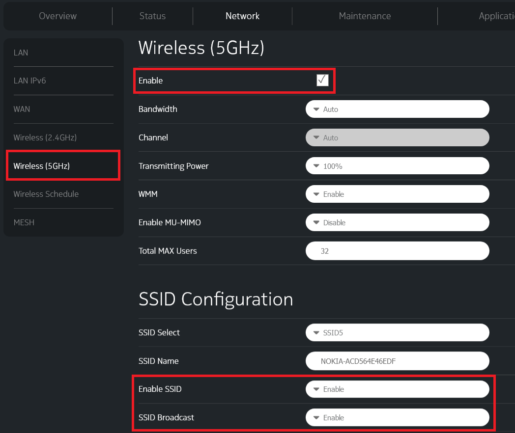 Nokia 5G Modem GUI - 5GHz Basic WiFi Settings