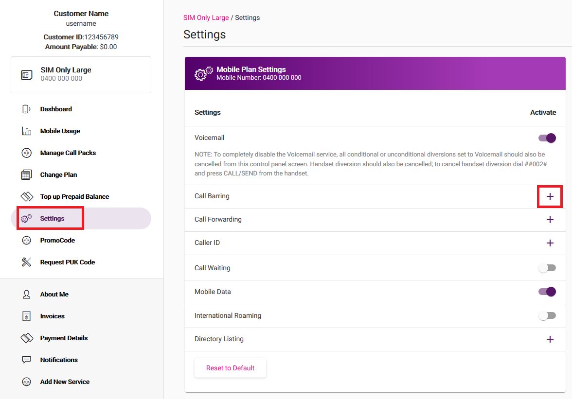 My Account - Call Barring Settings