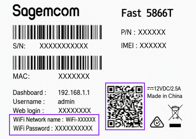 Diagram of the barcode sticker. The Wi-Fi Network Name and Wi-Fi Password are printed below the barcode. The Wi-Fi QR code is beside these details on the right.