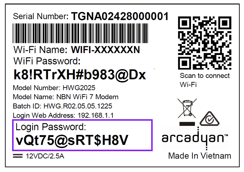 The Wi-Fi Max Modem Login password is printed on the lower left-hand side of the sticker