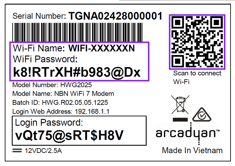 The Wi-Fi Max Modem barcode sticker has the Wi-Fi Name and Wi-Fi Password printed below the barcode. The QR code to connect to WiFi is on the upper right-hand side of the sticker.