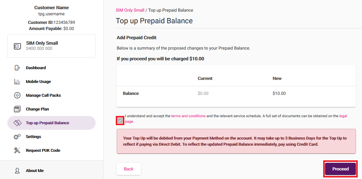 My Account - Top Up Prepaid Balance Confirm
