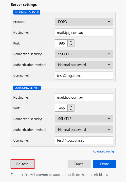 Thunderbird Manual Server Config