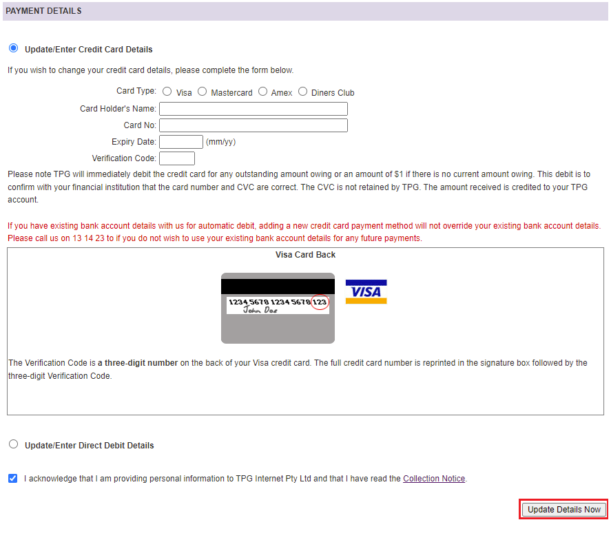 My Account - Credit Card details entry