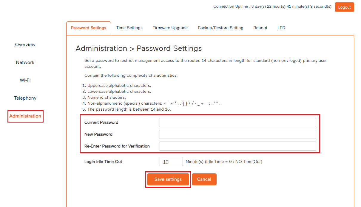 Wi-Fi Max - Modem Password settings