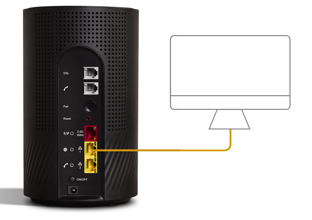 The 2 Wi-Fi Max LAN ports are above the On/Off button.
