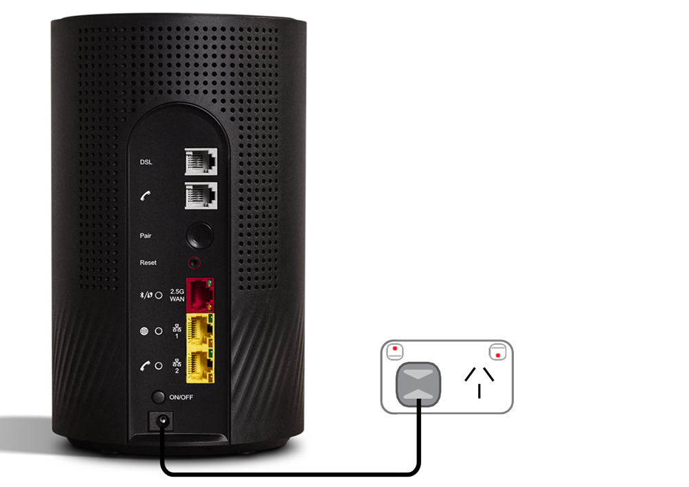 The Wi-Fi Max Power port is at the base of the ports panel, beneath the On/Off button. The light is on the front of your Wi-Fi Max modem, near the base.