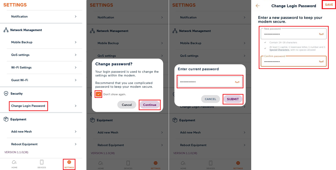 Screenshot My Internet Connect app - Change Modem Password