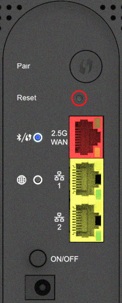 Photo Wi-Fi Max 5G Reset button - Located above the 3 Ethernet ports, below the larger Pair button.