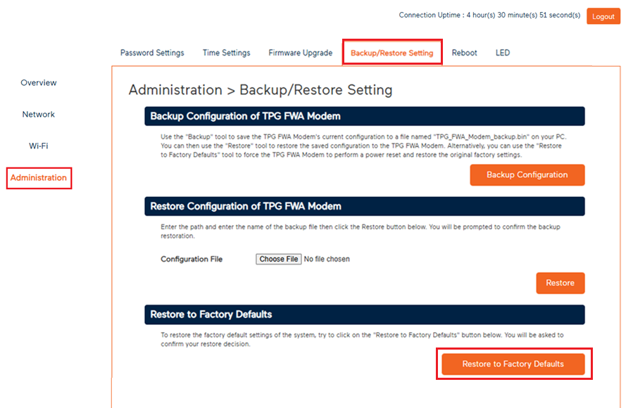 Screenshot Modem Administration - Backup/Restore Setting