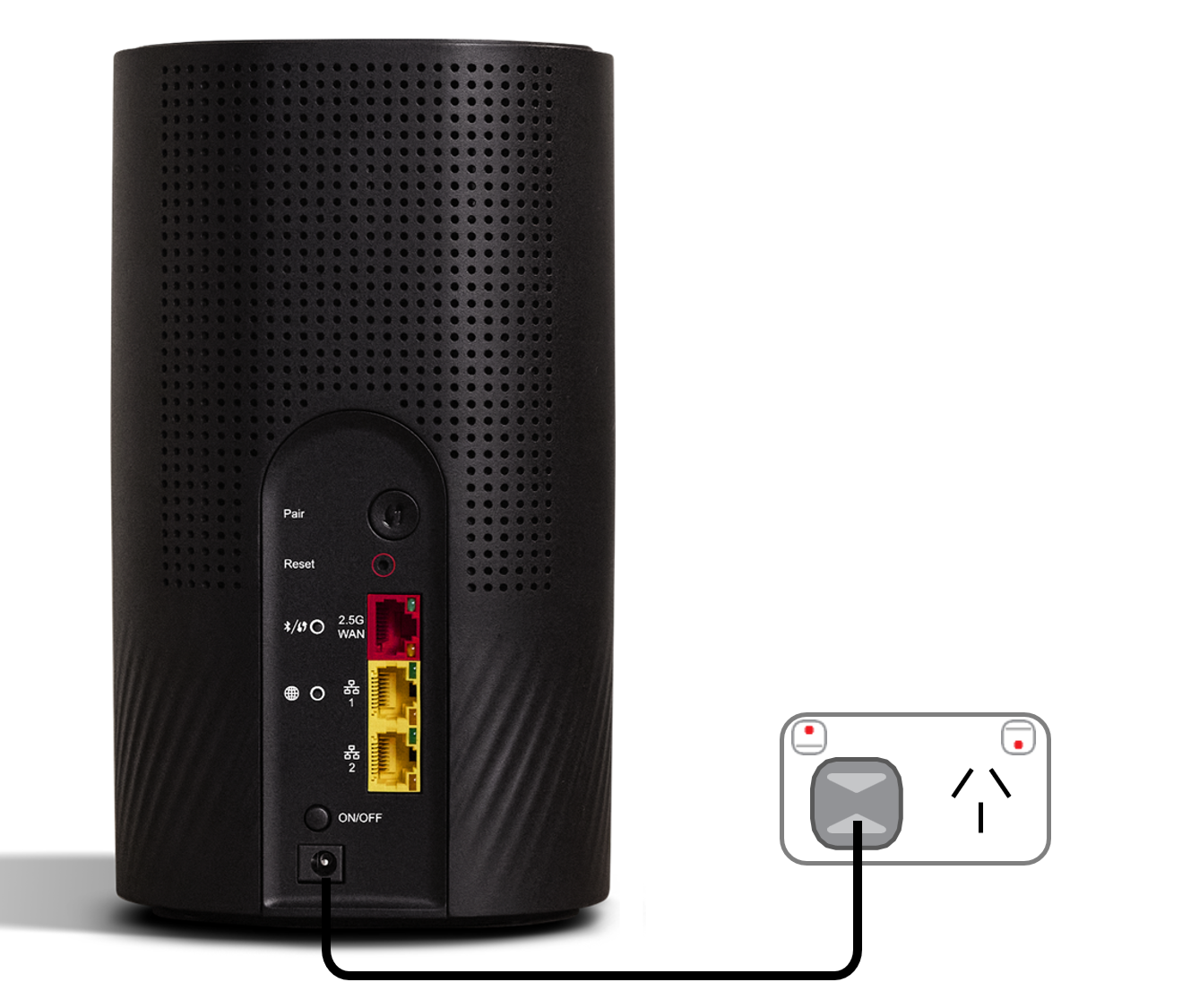 Diagram showing Wi-Fi Max 5G Modem's power cable connected to a power outlet. From base to top, ports are power port, on/off button, LAN 2, LAN 1, 2.5G WAN, reset button and WPS Pair button.