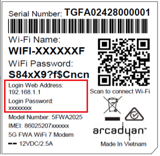 Diagram Wi-Fi Max barcode sticker - Login password