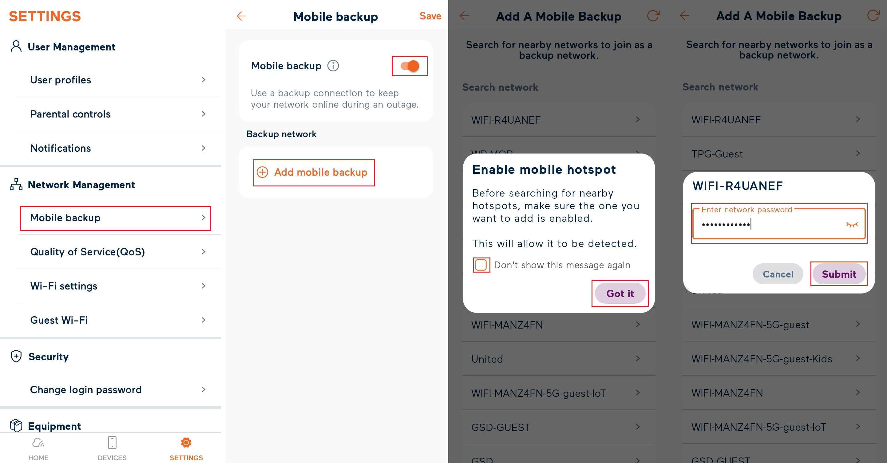 Wi-Fi Max - Mobile Backup settings in the App