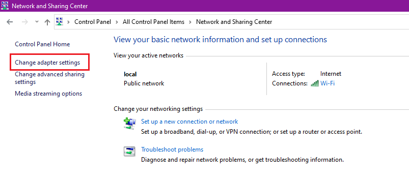 Win10 - Change Adaptor Settings