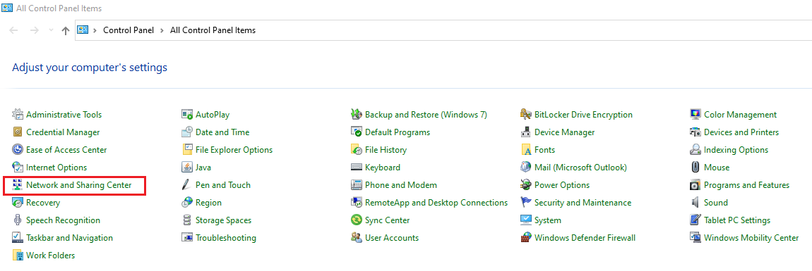 Win10 - Network and Sharing Centre