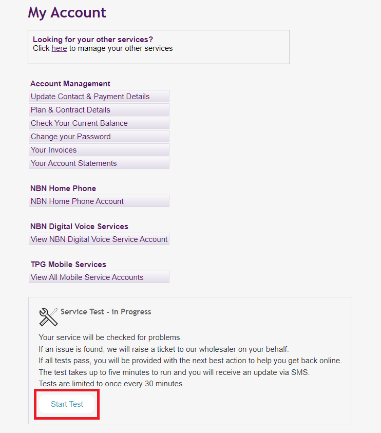 TPG My Account - nbn service test