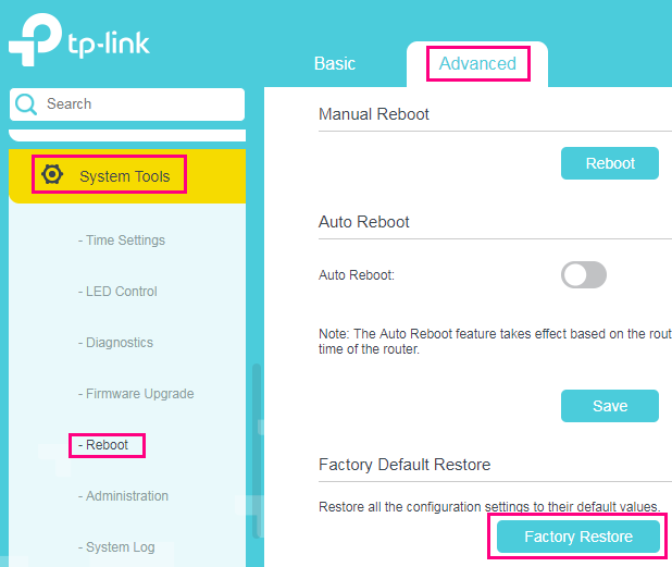 TP-Link VR1600v factory reset settings