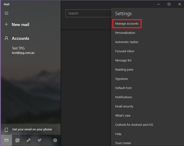 Windows 10 Mail Manage Account